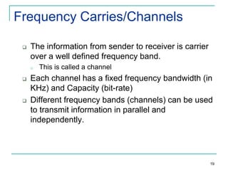Frequency Carries/Channels


The information from sender to receiver is carrier
over a well defined frequency band.
o





This is called a channel

Each channel has a fixed frequency bandwidth (in
KHz) and Capacity (bit-rate)
Different frequency bands (channels) can be used
to transmit information in parallel and
independently.

19

 