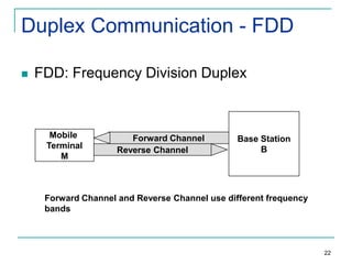 Duplex Communication - FDD


FDD: Frequency Division Duplex

Mobile
Terminal
M

Forward Channel
Reverse Channel

Base Station
B

Forward Channel and Reverse Channel use different frequency
bands

22

 