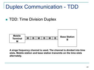 Duplex Communication - TDD


TDD: Time Division Duplex

Mobile
Terminal
M

M

B

M

B

M

B

Base Station
B

A singe frequency channel is used. The channel is divided into time
slots. Mobile station and base station transmits on the time slots
alternately.

23

 