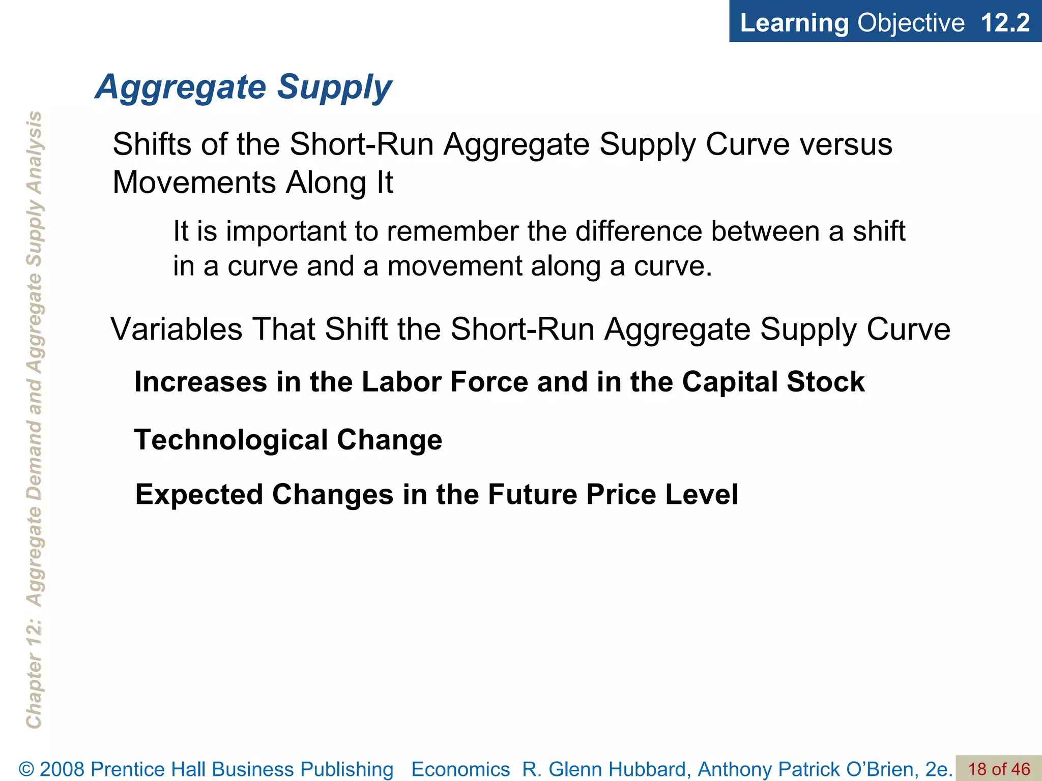 Aggregate Supply Learning  Objective  12.2 Shifts of the Short-Run Aggregate Supply Curve versus Movements Along It It is important to remember the difference between a shift in a curve and a movement along a curve. Increases in the Labor Force and in the Capital Stock Variables That Shift the Short-Run Aggregate Supply Curve Technological Change Expected Changes in the Future Price Level 