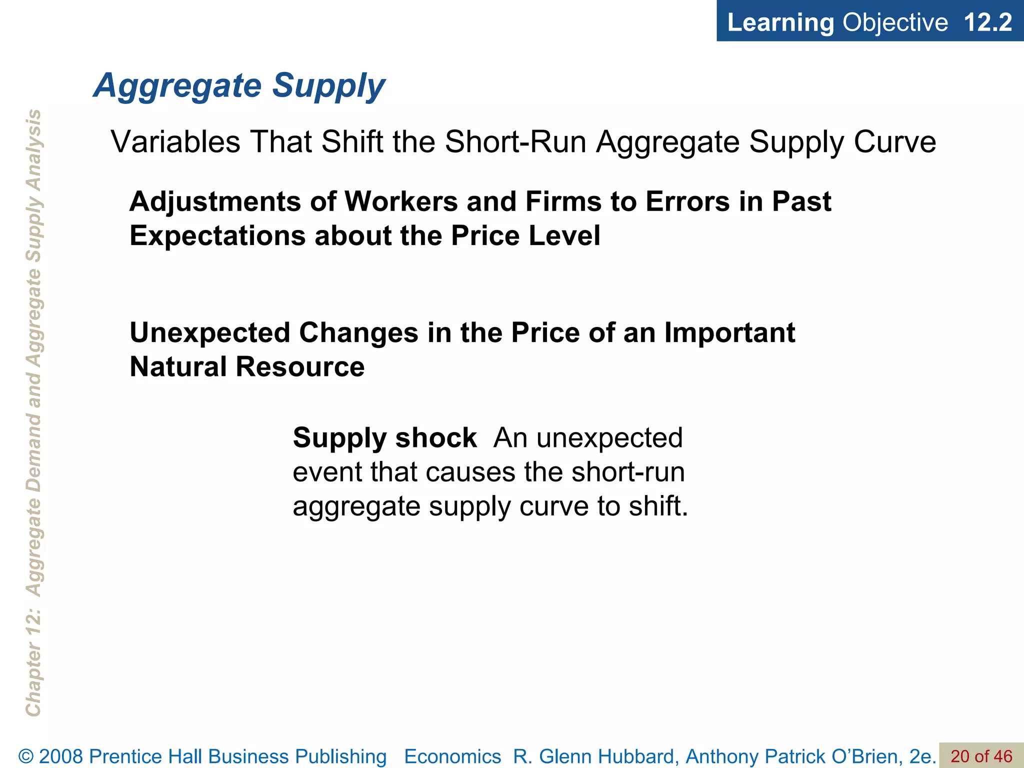 Aggregate Supply Learning  Objective  12.2 Variables That Shift the Short-Run Aggregate Supply Curve Adjustments of Workers and Firms to Errors in Past Expectations about the Price Level Unexpected Changes in the Price of an Important  Natural Resource Supply shock   An unexpected event that causes the short-run aggregate supply curve to shift. 