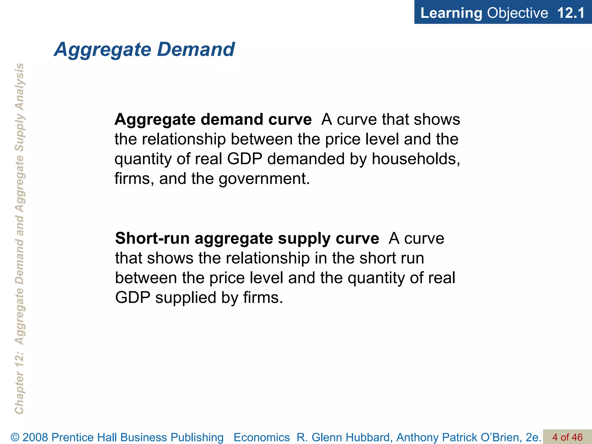 Aggregate Demand Learning  Objective  12.1 Aggregate demand curve   A curve that shows the relationship between the price level and the quantity of real GDP demanded by households, firms, and the government. Short-run aggregate supply curve  A curve that shows the relationship in the short run between the price level and the quantity of real GDP supplied by firms. 