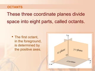 OCTANTS 
These three coordinate planes divide 
space into eight parts, called octants. 
 The first octant, 
in the foreground, 
is determined by 
the positive axes. 
 