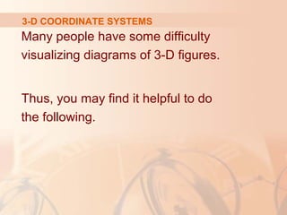 3-D COORDINATE SYSTEMS 
Many people have some difficulty 
visualizing diagrams of 3-D figures. 
Thus, you may find it helpful to do 
the following. 
 