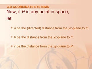 3-D COORDINATE SYSTEMS 
Now, if P is any point in space, 
let: 
 a be the (directed) distance from the yz-plane to P. 
 b be the distance from the xz-plane to P. 
 c be the distance from the xy-plane to P. 
 