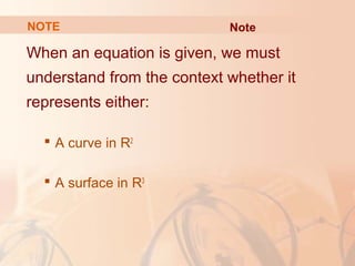NOTE Note 
When an equation is given, we must 
understand from the context whether it 
represents either: 
 A curve in R2 
 A surface in R3 
 