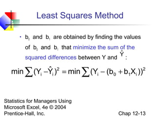 Least Squares Method


b0 and b1 are obtained by finding the values
of b0 and b1 that minimize the sum of the
ˆ
Y
squared differences between Y and :

ˆ )2 = min ∑ (Y − (b + b X ))2
min ∑ (Yi −Yi
i
0
1 i
Statistics for Managers Using
Microsoft Excel, 4e © 2004
Prentice-Hall, Inc.

Chap 12-13

 
