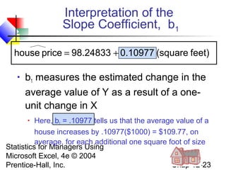 Interpretation of the
Slope Coefficient, b1
house price = 98.24833 + 0.10977 (square feet)


b1 measures the estimated change in the
average value of Y as a result of a oneunit change in X

Here, b1 = .10977 tells us that the average value of a
house increases by .10977($1000) = $109.77, on
average, for each additional one square foot of size
Statistics for Managers Using
Microsoft Excel, 4e © 2004
Chap 12-23
Prentice-Hall, Inc.


 