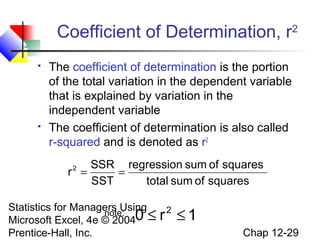 Coefficient of Determination, r2




The coefficient of determination is the portion
of the total variation in the dependent variable
that is explained by variation in the
independent variable
The coefficient of determination is also called
r-squared and is denoted as r2
SSR regression sum of squares
r =
=
SST
total sum of squares
2

Statistics for Managers Using
note: 0 ≤ r 2
Microsoft Excel, 4e © 2004
Prentice-Hall, Inc.

≤1
Chap 12-29

 