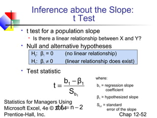 Inference about the Slope:
t Test


t test for a population slope




Is there a linear relationship between X and Y?

Null and alternative hypotheses
H0: β1 = 0
H1: β1 ≠ 0



(no linear relationship)
(linear relationship does exist)

Test statistic

b1 − β1
t=
Sb1
Statistics for Managers Using
d.f.
Microsoft Excel, 4e © 2004= n − 2
Prentice-Hall, Inc.

where:
b1 = regression slope
coefficient
β1 = hypothesized slope
Sb1 = standard
error of the slope

Chap 12-52

 