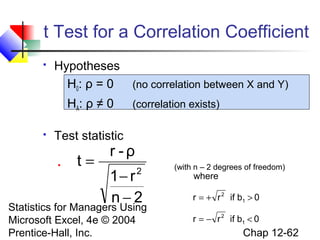 t Test for a Correlation Coefficient


Hypotheses
H0: ρ = 0
HA: ρ ≠ 0



(no correlation between X and Y)
(correlation exists)

Test statistic


t=

r -ρ

1− r
n−2
2

Statistics for Managers Using
Microsoft Excel, 4e © 2004
Prentice-Hall, Inc.

(with n – 2 degrees of freedom)

where

r = + r 2 if b1 > 0
r = − r 2 if b1 < 0

Chap 12-62

 