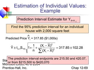 Estimation of Individual Values:
Example
Prediction Interval Estimate for YX=X

i

Find the 95% prediction interval for an individual
house with 2,000 square feet
∧
Predicted Price Yi = 317.85 ($1,000s)

ˆ
Y ± t n-1S YX

1
(Xi − X)2
1+ +
= 317.85 ± 102.28
2
n ∑ (Xi − X)

The prediction interval endpoints are 215.50 and 420.07,
Statistics for Managers Using
or from $215,500 to $420,070
Microsoft Excel, 4e © 2004
Chap 12-69
Prentice-Hall, Inc.

 