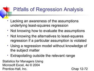 Pitfalls of Regression Analysis









Lacking an awareness of the assumptions
underlying least-squares regression
Not knowing how to evaluate the assumptions
Not knowing the alternatives to least-squares
regression if a particular assumption is violated
Using a regression model without knowledge of
the subject matter
Extrapolating outside the relevant range

Statistics for Managers Using
Microsoft Excel, 4e © 2004
Prentice-Hall, Inc.

Chap 12-72

 