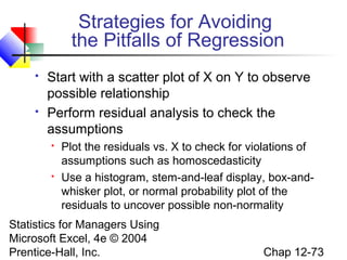 Strategies for Avoiding
the Pitfalls of Regression




Start with a scatter plot of X on Y to observe
possible relationship
Perform residual analysis to check the
assumptions




Plot the residuals vs. X to check for violations of
assumptions such as homoscedasticity
Use a histogram, stem-and-leaf display, box-andwhisker plot, or normal probability plot of the
residuals to uncover possible non-normality

Statistics for Managers Using
Microsoft Excel, 4e © 2004
Prentice-Hall, Inc.

Chap 12-73

 