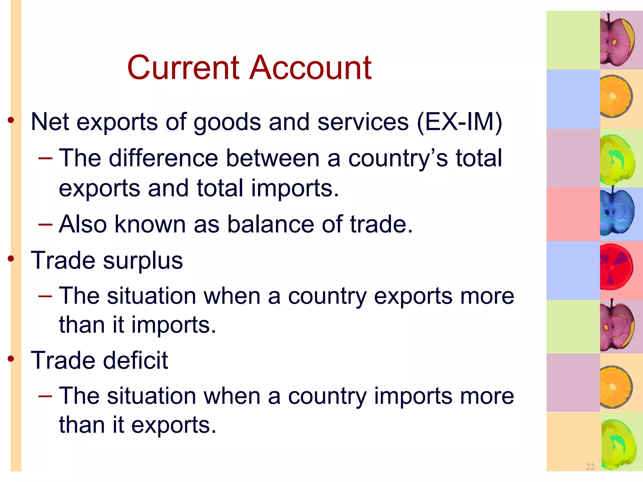 Current Account Net exports of goods and services (EX-IM) The difference between a country’s total exports and total imports. Also known as balance of trade.  Trade surplus The situation when a country exports more than it imports. Trade deficit The situation when a country imports more than it exports. 