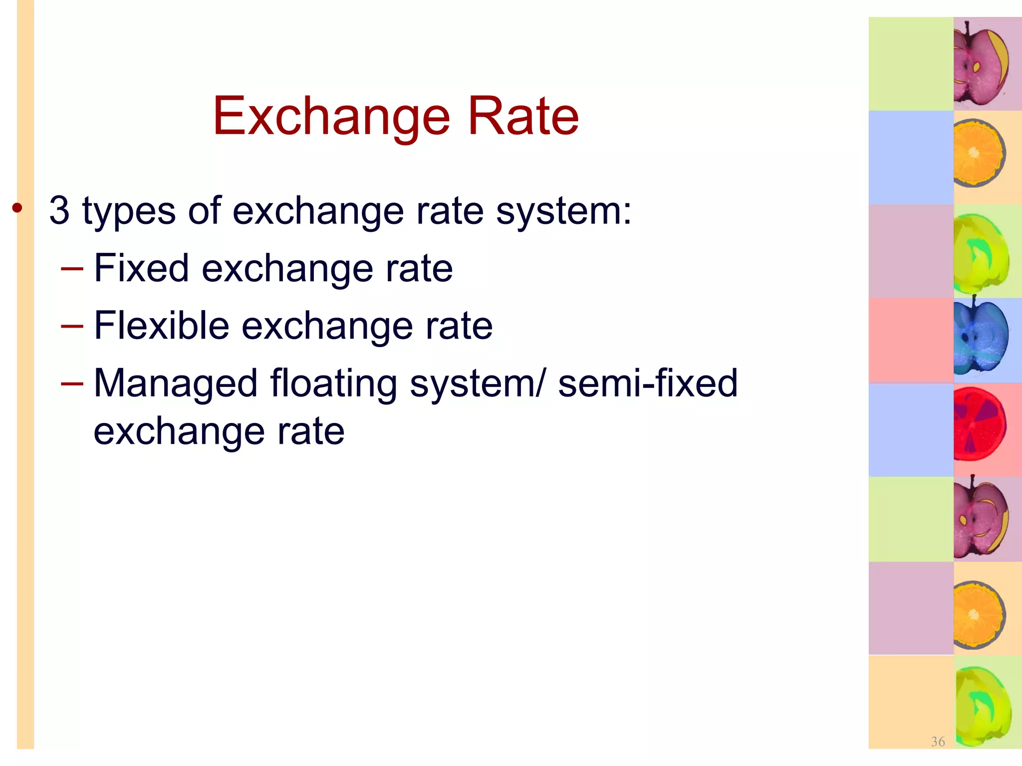 Exchange Rate 3 types of exchange rate system: Fixed exchange rate Flexible exchange rate Managed floating system/ semi-fixed exchange rate 