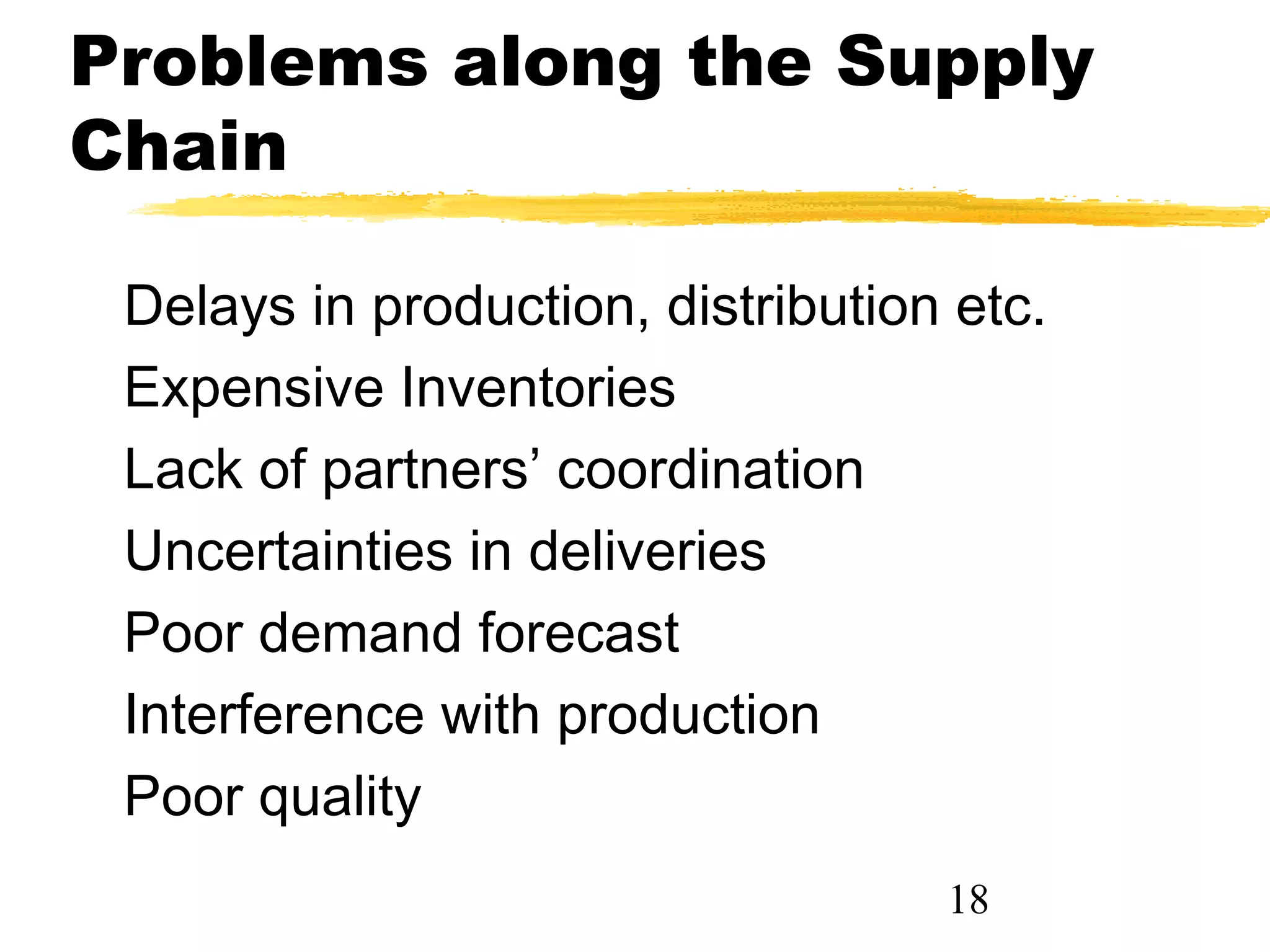 Problems along the Supply
Chain

 Delays in production, distribution etc.
 Expensive Inventories
 Lack of partners’ coordination
 Uncertainties in deliveries
 Poor demand forecast
 Interference with production
 Poor quality
                                   18
 