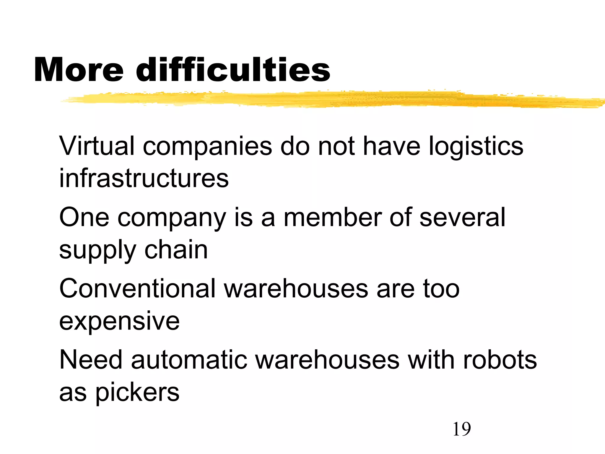 More difficulties

 Virtual companies do not have logistics
 infrastructures
 One company is a member of several
 supply chain
 Conventional warehouses are too
 expensive
 Need automatic warehouses with robots
 as pickers
                                19
 