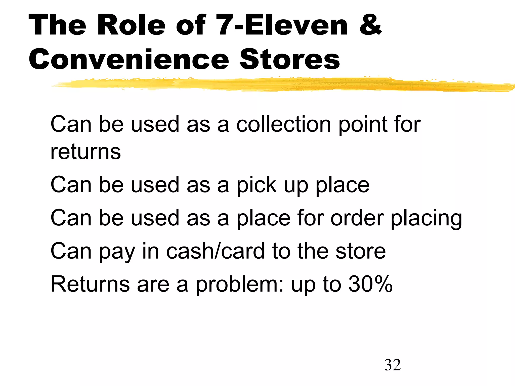 The Role of 7-Eleven &
Convenience Stores

 Can be used as a collection point for
 returns
 Can be used as a pick up place
 Can be used as a place for order placing
 Can pay in cash/card to the store
 Returns are a problem: up to 30%


                                 32
 