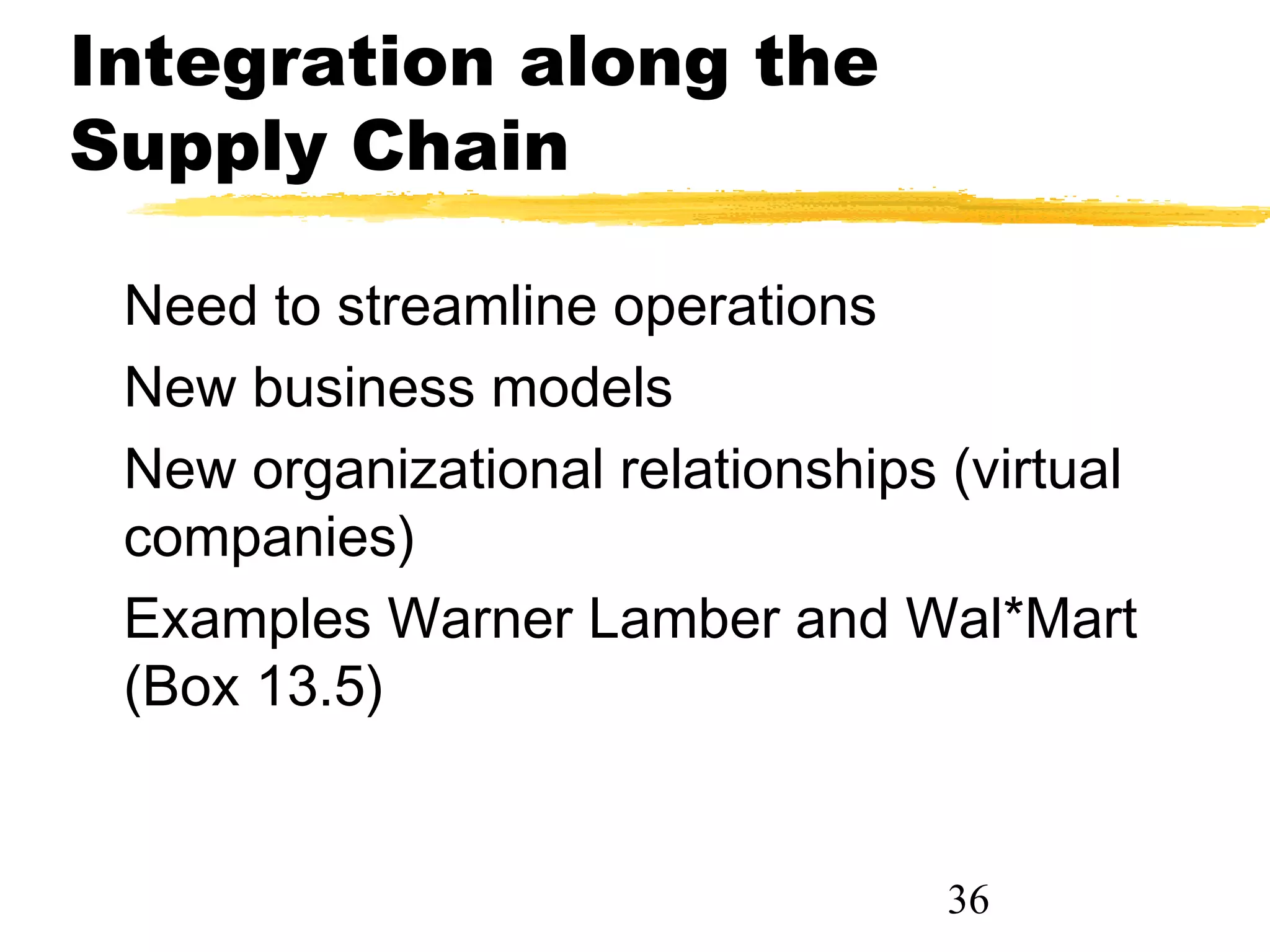 Integration along the
Supply Chain

 Need to streamline operations
 New business models
 New organizational relationships (virtual
 companies)
 Examples Warner Lamber and Wal*Mart
 (Box 13.5)


                                  36
 