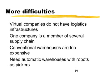 More difficulties

 Virtual companies do not have logistics
 infrastructures
 One company is a member of several
 supply chain
 Conventional warehouses are too
 expensive
 Need automatic warehouses with robots
 as pickers
                                19
 