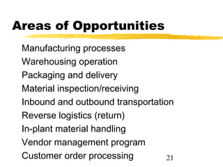 Areas of Opportunities
 Manufacturing processes
 Warehousing operation
 Packaging and delivery
 Material inspection/receiving
 Inbound and outbound transportation
 Reverse logistics (return)
 In-plant material handling
 Vendor management program
 Customer order processing         21
 