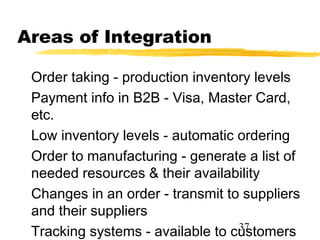 Areas of Integration

 Order taking - production inventory levels
 Payment info in B2B - Visa, Master Card,
 etc.
 Low inventory levels - automatic ordering
 Order to manufacturing - generate a list of
 needed resources & their availability
 Changes in an order - transmit to suppliers
 and their suppliers
                                  37
 Tracking systems - available to customers
 