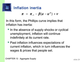 Inflation inertia
              π = π −1 − β (u − u n ) + ν

In this form, the Phillips curve implies that
inflation has inertia:
  In the absence of supply shocks or cyclical
    unemployment, inflation will continue
    indefinitely at its current rate.
  Past inflation influences expectations of
    current inflation, which in turn influences the
    wages & prices that people set.

CHAPTER 13 Aggregate Supply                           slide 24
 