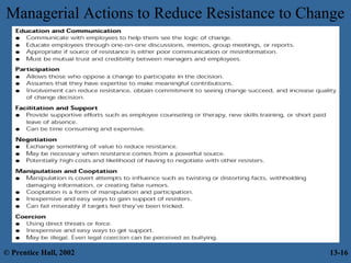 Managerial Actions to Reduce Resistance to Change

© Prentice Hall, 2002

13-16

 