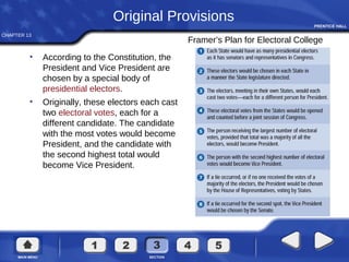 CHAPTER 13
Original Provisions
• According to the Constitution, the
President and Vice President are
chosen by a special body of
presidential electors.
• Originally, these electors each cast
two electoral votes, each for a
different candidate. The candidate
with the most votes would become
President, and the candidate with
the second highest total would
become Vice President.
Framer’s Plan for Electoral College
 