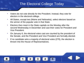 CHAPTER 13
The Electoral College Today
• Voters do not vote directly for the President. Instead, they vote for
electors in the electoral college.
• All States, except two (Maine and Nebraska), select electors based on
the winner of the popular vote in that State.
• Electors then meet in the State capitals on the Monday after the
second Wednesday in December and cast their votes for President and
Vice President.
• On January 6, the electoral votes cast are counted by the president of
the Senate, and the President and Vice President are formally elected.
• If no candidate wins a majority of electoral votes (270), the election is
thrown into the House of Representatives.
 