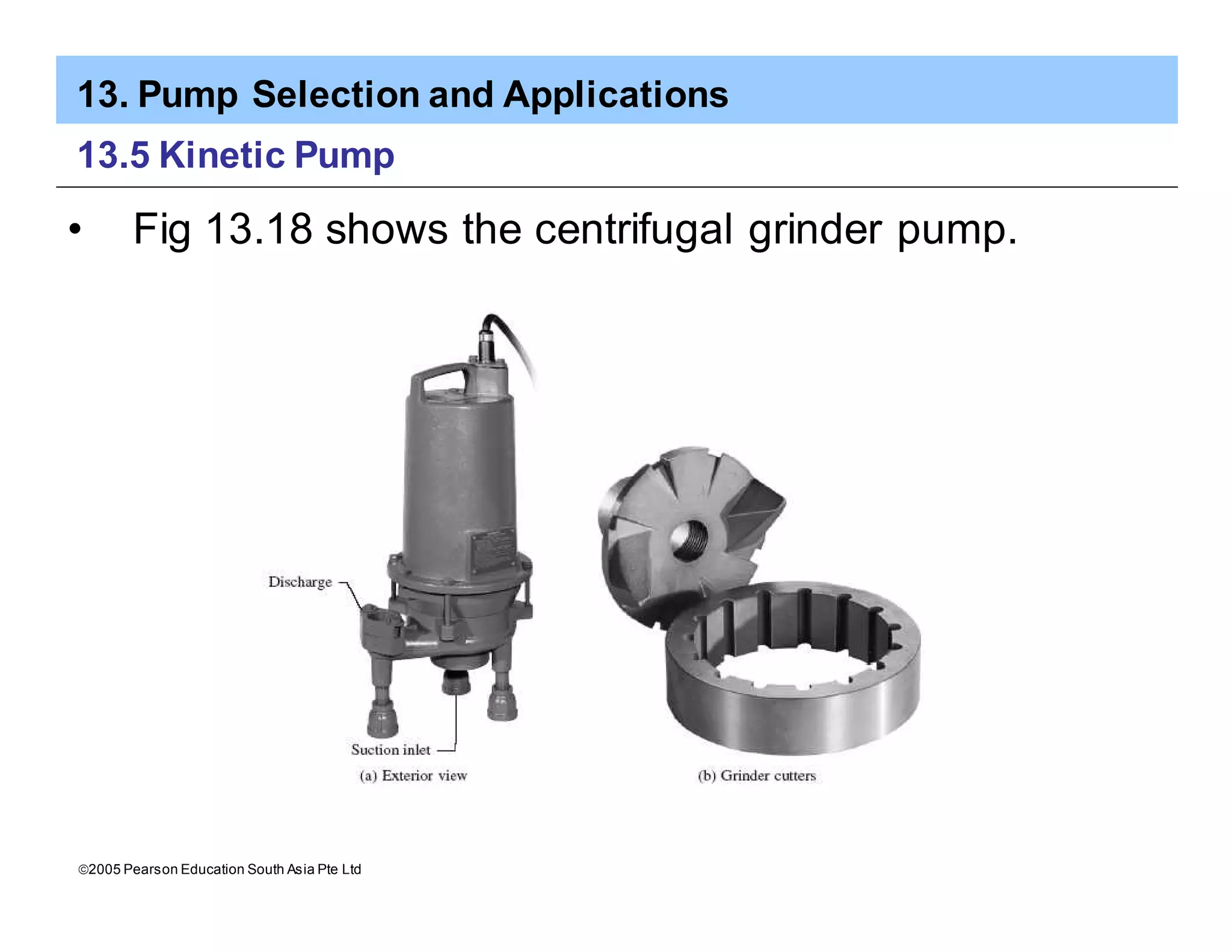13. Pump Selection and Applications
ã2005 Pearson Education South Asia Pte Ltd
13.5 Kinetic Pump
• Fig 13.18 shows the centrifugal grinder pump.
 
