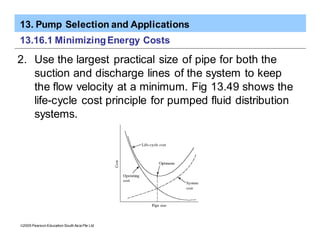 13. Pump Selection and Applications
ã2005 Pearson Education South Asia Pte Ltd
13.16.1 MinimizingEnergy Costs
2. Use the largest practical size of pipe for both the
suction and discharge lines of the system to keep
the flow velocity at a minimum. Fig 13.49 shows the
life-cycle cost principle for pumped fluid distribution
systems.
 