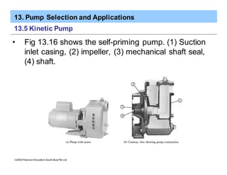 13. Pump Selection and Applications
ã2005 Pearson Education South Asia Pte Ltd
13.5 Kinetic Pump
• Fig 13.16 shows the self-priming pump. (1) Suction
inlet casing, (2) impeller, (3) mechanical shaft seal,
(4) shaft.
 