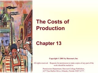 The Costs of
Production
Chapter 13
Copyright © 2001 by Harcourt, Inc.
All rights reserved. Requests for permission to make copies of any part of the
work should be mailed to:
Permissions Department, Harcourt College Publishers,
6277 Sea Harbor Drive, Orlando, Florida 32887-6777.
 