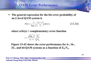 Prof. J.F. Huang, Fiber-Optic Communication Lab.
National Cheng Kung University, Taiwan
108
 The general expression for the bit error probability of
an L-level QAM system is
)
(
1
log
1
)
(
2
z
erfc
L
L
L
e
P 




 
 (13-24)
where erfc(z) = complementary error function
0
2
1
log
N
E
L
L
z b


Figure 13-43 shows the error performance for 4-, 16-,
32-, and 64-QAM systems as a function of Eb/No.
QAM Error Performance
 