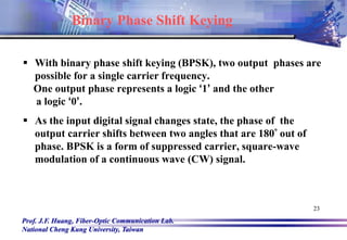 Prof. J.F. Huang, Fiber-Optic Communication Lab.
National Cheng Kung University, Taiwan
23
Binary Phase Shift Keying
 With binary phase shift keying (BPSK), two output phases are
possible for a single carrier frequency.
One output phase represents a logic ‘1’ and the other
a logic ‘0’.
 As the input digital signal changes state, the phase of the
output carrier shifts between two angles that are 180° out of
phase. BPSK is a form of suppressed carrier, square-wave
modulation of a continuous wave (CW) signal.
 