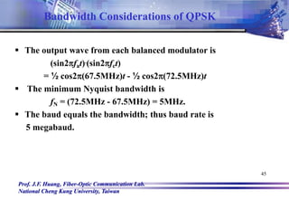 Prof. J.F. Huang, Fiber-Optic Communication Lab.
National Cheng Kung University, Taiwan
45
 The output wave from each balanced modulator is
(sin2fat).(sin2fct)
= ½ cos2(67.5MHz)t - ½ cos2(72.5MHz)t
 The minimum Nyquist bandwidth is
fN = (72.5MHz - 67.5MHz) = 5MHz.
 The baud equals the bandwidth; thus baud rate is
5 megabaud.
Bandwidth Considerations of QPSK
 