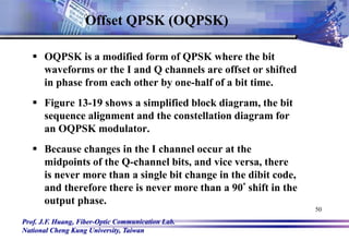 Prof. J.F. Huang, Fiber-Optic Communication Lab.
National Cheng Kung University, Taiwan
50
Offset QPSK (OQPSK)
 OQPSK is a modified form of QPSK where the bit
waveforms or the I and Q channels are offset or shifted
in phase from each other by one-half of a bit time.
 Figure 13-19 shows a simplified block diagram, the bit
sequence alignment and the constellation diagram for
an OQPSK modulator.
 Because changes in the I channel occur at the
midpoints of the Q-channel bits, and vice versa, there
is never more than a single bit change in the dibit code,
and therefore there is never more than a 90° shift in the
output phase.
 