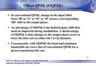 Prof. J.F. Huang, Fiber-Optic Communication Lab.
National Cheng Kung University, Taiwan
52
 In conventional QPSK, change in the input dibit
from ’00’ to ’11’ or ’01’ to ’10’ causes a corresponding
180° shift in the output phase.
 An advantage of OQPSK is the limited phase shift that
must be imparted during modulation. A disadvantage
of OQPSK is that changes in the output phase occur at
twice the data rate in either the I or Q channels.
 Consequently, with OQPSK the baud and minimum
bandwidth are twice that of conventional QPSK for a
given transmission bit rate.
Offset QPSK (OQPSK)
 
