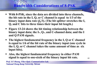 Prof. J.F. Huang, Fiber-Optic Communication Lab.
National Cheng Kung University, Taiwan
60
Bandwidth Considerations of 8-PSK
 With 8-PSK, since the data are divided into three channels,
the bit rate in the I, Q, or C channel is equal to 1/3 of the
binary input data rate (fb/3). (The bit splitter stretches the I,
Q, and C bits to three times their input bit length.)
 Figure 13-24 shows the bit timing relationship between the
binary input data; the I-, Q-, and C-channel data; and the I
and Q PAM signals.
 The highest fundamental frequency in the I, Q or C channel
is equal to 1/6 of the bit rate of the binary input (one cycle in
the I, Q, or C channel takes the same amount of time as six
input bits).
 Also, the highest fundamental frequency in either PAM
signal is equal to one-sixth of the binary input bit rate.
 