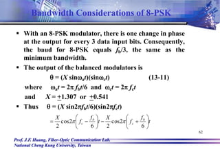 Prof. J.F. Huang, Fiber-Optic Communication Lab.
National Cheng Kung University, Taiwan
62
 With an 8-PSK modulator, there is one change in phase
at the output for every 3 data input bits. Consequently,
the baud for 8-PSK equals fb/3, the same as the
minimum bandwidth.
 The output of the balanced modulators is
q = (X sinat)(sinct) (13-11)
where at = 2 fbt/6 and ct = 2 fct
and X = +1.307 or +0.541
 Thus q = (X sin2fbt/6)(sin2fct)
t
f
f
X
t
f
f
X b
c
b
c 















6
2
cos
2
6
2
cos
2


Bandwidth Considerations of 8-PSK
 