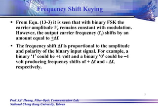 Prof. J.F. Huang, Fiber-Optic Communication Lab.
National Cheng Kung University, Taiwan
7
Frequency Shift Keying
 From Equ. (13-3) it is seen that with binary FSK the
carrier amplitude Vc remains constant with modulation.
However, the output carrier frequency (fc) shifts by an
amount equal to +Df.
 The frequency shift Df is proportional to the amplitude
and polarity of the binary input signal. For example, a
binary ‘1’ could be +1 volt and a binary ‘0’ could be –1
volt producing frequency shifts of + Df and - Df,
respectively.
 
