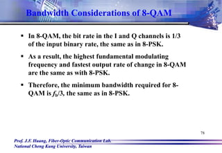 Prof. J.F. Huang, Fiber-Optic Communication Lab.
National Cheng Kung University, Taiwan
78
Bandwidth Considerations of 8-QAM
 In 8-QAM, the bit rate in the I and Q channels is 1/3
of the input binary rate, the same as in 8-PSK.
 As a result, the highest fundamental modulating
frequency and fastest output rate of change in 8-QAM
are the same as with 8-PSK.
 Therefore, the minimum bandwidth required for 8-
QAM is fb/3, the same as in 8-PSK.
 