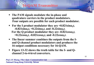 Prof. J.F. Huang, Fiber-Optic Communication Lab.
National Cheng Kung University, Taiwan
83
 The PAM signals modulate the in-phase and
quadrature carriers in the product modulators.
Four outputs are possible for each product modulator.
 For the I product modulator they are +0.821sinct,
-0.821sinct, +0.22sinct, and -0.22sinct.
For the Q product modulator they are -0.821cosct,
+0.22cosct, -0.821cosct, and -0.22cosct.
 The linear summer combines the outputs from the I-
and Q-channel product modulators and produces the
16 output conditions necessary for 16-QAM.
 Figure 13-32 shows the truth table for the I- and Q-
channel 2-to-4-level converters.
16-QAM Transmitter
 