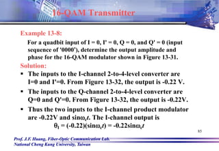 Prof. J.F. Huang, Fiber-Optic Communication Lab.
National Cheng Kung University, Taiwan
85
Example 13-8:
For a quadbit input of I = 0, I' = 0, Q = 0, and Q' = 0 (input
sequence of ‘0000’), determine the output amplitude and
phase for the 16-QAM modulator shown in Figure 13-31.
Solution:
 The inputs to the I-channel 2-to-4-level converter are
I=0 and I'=0. From Figure 13-32, the output is -0.22 V.
 The inputs to the Q-channel 2-to-4-level converter are
Q=0 and Q'=0. From Figure 13-32, the output is -0.22V.
 Thus the two inputs to the I-channel product modulator
are -0.22V and sinct. The I-channel output is
qI = (-0.22)(sinct) = -0.22sinct
16-QAM Transmitter
 