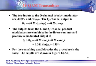 Prof. J.F. Huang, Fiber-Optic Communication Lab.
National Cheng Kung University, Taiwan
86
 The two inputs to the Q-channel product modulator
are -0.22V and cosct. The Q-channel output is
qQ = (-0.22)(cosct) = -0.22cosct
 The outputs from the I- and Q-channel product
modulators are combined in the linear summer and
produce a modulated output of
qI + qQ = - 0.22sinct - 0.22 cosct
= 0.311 sin(ct - 135o).
 For the remaining quadbit codes the procedure is the
same. The results are shown in Figure 13-33.
16-QAM Transmitter
 