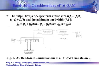 Prof. J.F. Huang, Fiber-Optic Communication Lab.
National Cheng Kung University, Taiwan
91
 The output frequency spectrum extends from fc – (fb/8)
to fc +(fb/8) and the minimum bandwidth (fN) is
fN = (fc + (fb/8)) – (fc – (fb/8)) = 2fb/8 = fb/4.
Fig. 13-34. Bandwidth considerations of a 16-QAM modulator.
Bandwidth Considerations of 16-QAM
 