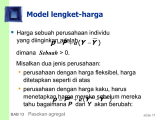 slide 11BAB 13 Pasokan agregat
Model lengket-harga
 Harga sebuah perusahaan individu
yang diinginkan adalah
dimana Sebuah > 0.
Misalkan dua jenis perusahaan:
• perusahaan dengan harga fleksibel, harga
ditetapkan seperti di atas
• perusahaan dengan harga kaku, harus
menetapkan harga mereka sebelum mereka
tahu bagaimana P dan Y akan berubah:
( )p P Y Y  a
( )e e e
p P Y Y  a
 