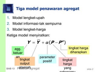 slide 2BAB 13 Pasokan agregat
Tiga model penawaran agregat
1. Model lengket-upah
2. Model informasi-tak sempurna
3. Model lengket-harga
Ketiga model menyiratkan:
( )e
Y Y P P  
tingkat
output
alamiah
parameter
positif
tingkat harga
diharapkan
tingkat
harga
yang
agg.
keluar
an
 